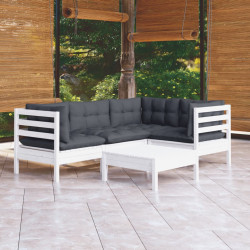 5 Pcs conjunto lounge de jardim c/ almofadões pinho branco