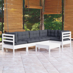 6 Pcs conjunto lounge de jardim c/ almofadões pinho branco