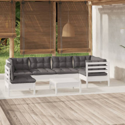 7 Pcs conjunto lounge de jardim c/ almofadões pinho branco