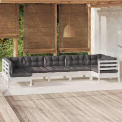 7 Pcs conjunto lounge de jardim c/ almofadões pinho branco