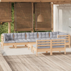 9 Pcs conjunto lounge de jardim + almofadões cinza pinho maciço