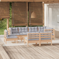 9 Pcs conjunto lounge de jardim + almofadões cinza pinho maciço