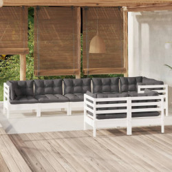8 Pcs conjunto lounge jardim c/ almofadões pinho maciço branco