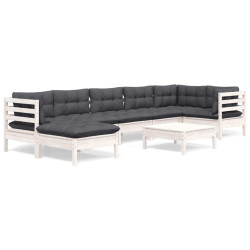 8 Pcs conj. lounge de jardim c/ almofadões pinho maciço branco