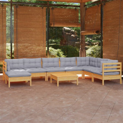 9 Pcs conjunto lounge de jardim + almofadões cinza pinho maciço