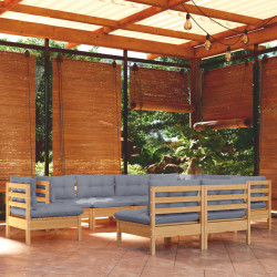 9 Pcs conjunto lounge de jardim + almofadões cinza pinho maciço
