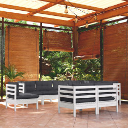 9 Pcs conj. lounge de jardim c/ almofadões pinho maciço branco