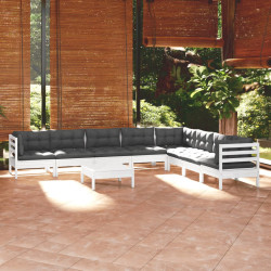9 Pcs conj. lounge de jardim c/ almofadões pinho maciço branco