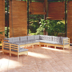 10Pcs conjunto lounge de jardim + almofadões cinza pinho maciço