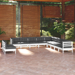 11 Pcs conj. lounge de jardim c/ almofadões pinho maciço branco