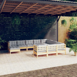 11 Pcs conjunto lounge de jardim c/ almofadões cinza pinho