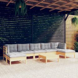 8 Pcs conjunto lounge de jardim c/ almofadões cinzentos pinho