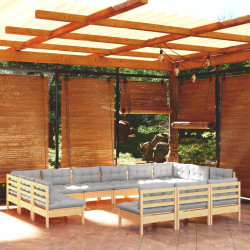 13Pcs conjunto lounge de jardim + almofadões cinza pinho maciço