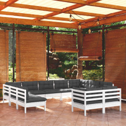 11 Pcs conj. lounge de jardim c/ almofadões pinho maciço branco