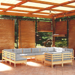 13 Pcs conjunto lounge de jardim c/ almofadões cinza pinho