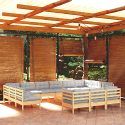 14 Pcs conjunto lounge de jardim c/ almofadões cinza pinho