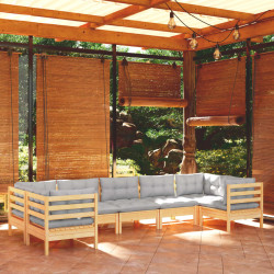 7 Pcs conjunto lounge de jardim c/ almofadões cinzentos pinho