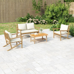 4 Pcs conjunto lounge de jardim bambu c/ almofadões branco nata