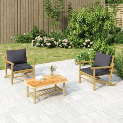 3Pcs conj. lounge de jardim bambu c/ almofadões cinzento-escuro