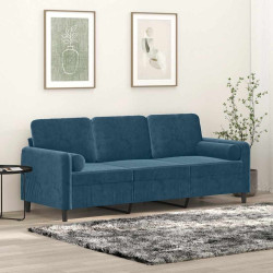 Sofá 3 lugares c/ almofadas decorativas 180 cm veludo azul