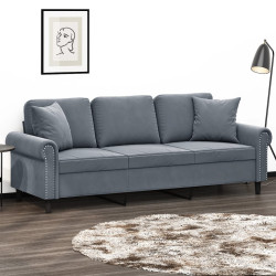 Sofá 3 lug. c/ almofadas decorativas 180 cm veludo cinza-escuro