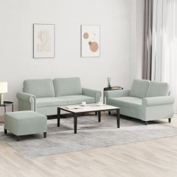 3 Pcs conjunto de sofás com almofadões veludo cinzento-claro