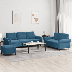 3 Pcs conjunto de sofás com almofadões veludo azul
