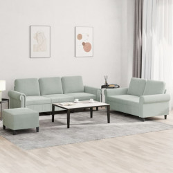 3 Pcs conjunto de sofás com almofadões veludo cinzento-claro