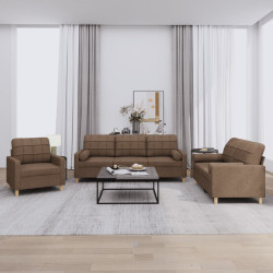3 Pcs conjunto de sofás com almofadas tecido castanho