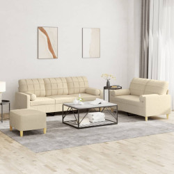 3 Pcs conjunto de sofás com almofadas tecido cor creme