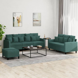 3 Pcs conjunto de sofás com almofadões veludo verde-escuro