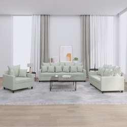 3 Pcs conjunto de sofás com almofadões veludo cinzento-claro