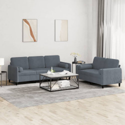 2 Pcs conjunto de sofás com almofadas veludo cinzento-escuro