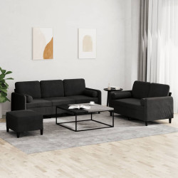3 Pcs conjunto de sofás com almofadas veludo preto
