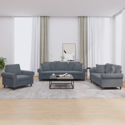 3 Pcs conjunto de sofás com almofadas veludo cinzento-escuro