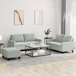 3 Pcs conjunto de sofás com almofadões veludo cinzento-claro