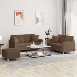 3 Pcs conjunto de sofás com almofadas tecido castanho