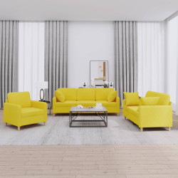 3 Pcs conjunto de sofás com almofadas tecido amarelo-claro
