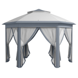 Tenda Dobrável 4x3,4 m Tenda de Jardim Hexagonal com Duplo Tecto 6 Mosquiteiras Destacáveis e Saco de Transporte Cinzento