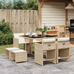 9 Pcs conjunto de jantar p/ jardim com almofadões vime PE bege