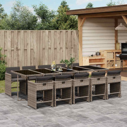 11 Pcs conjunto jantar p/ jardim c/ almofadões vime PE cinzento