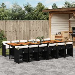 13 Pcs conjunto de jantar p/jardim com almofadões vime PE preto