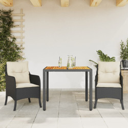 3 Pcs conjunto de jantar p/ jardim c/ almofadões vime PE preto