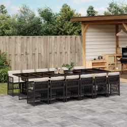 13 Pcs conjunto de jantar p/jardim com almofadões vime PE preto