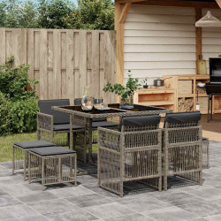 9 Pcs conjunto de jantar p/ jardim c/ almofadões vime PE cinza