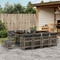 13 Pcs conjunto jantar p/ jardim c/ almofadões vime PE cinzento