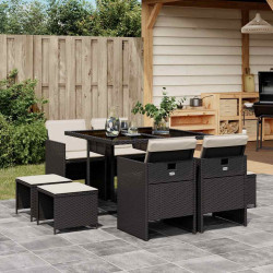 9 Pcs conjunto de jantar p/ jardim c/ almofadões vime PE preto