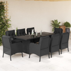 9 Pcs conjunto de jantar p/ jardim c/ almofadões vime PE preto