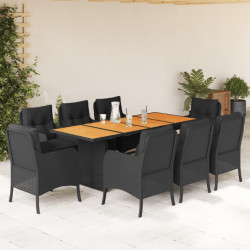 9 Pcs conjunto de jantar p/ jardim c/ almofadões vime PE preto