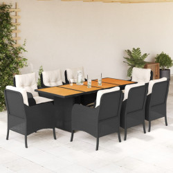 9 Pcs conjunto de jantar p/ jardim c/ almofadões vime PE preto